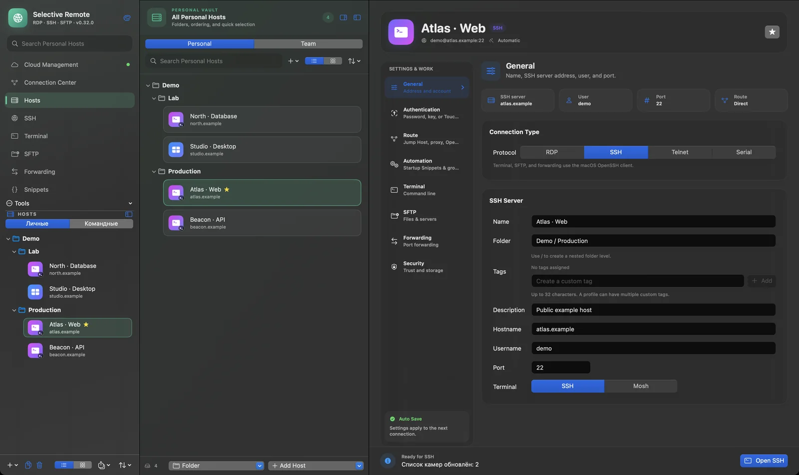 Actual Selective Remote 0.32.0 (163) interface with synthetic demo hosts