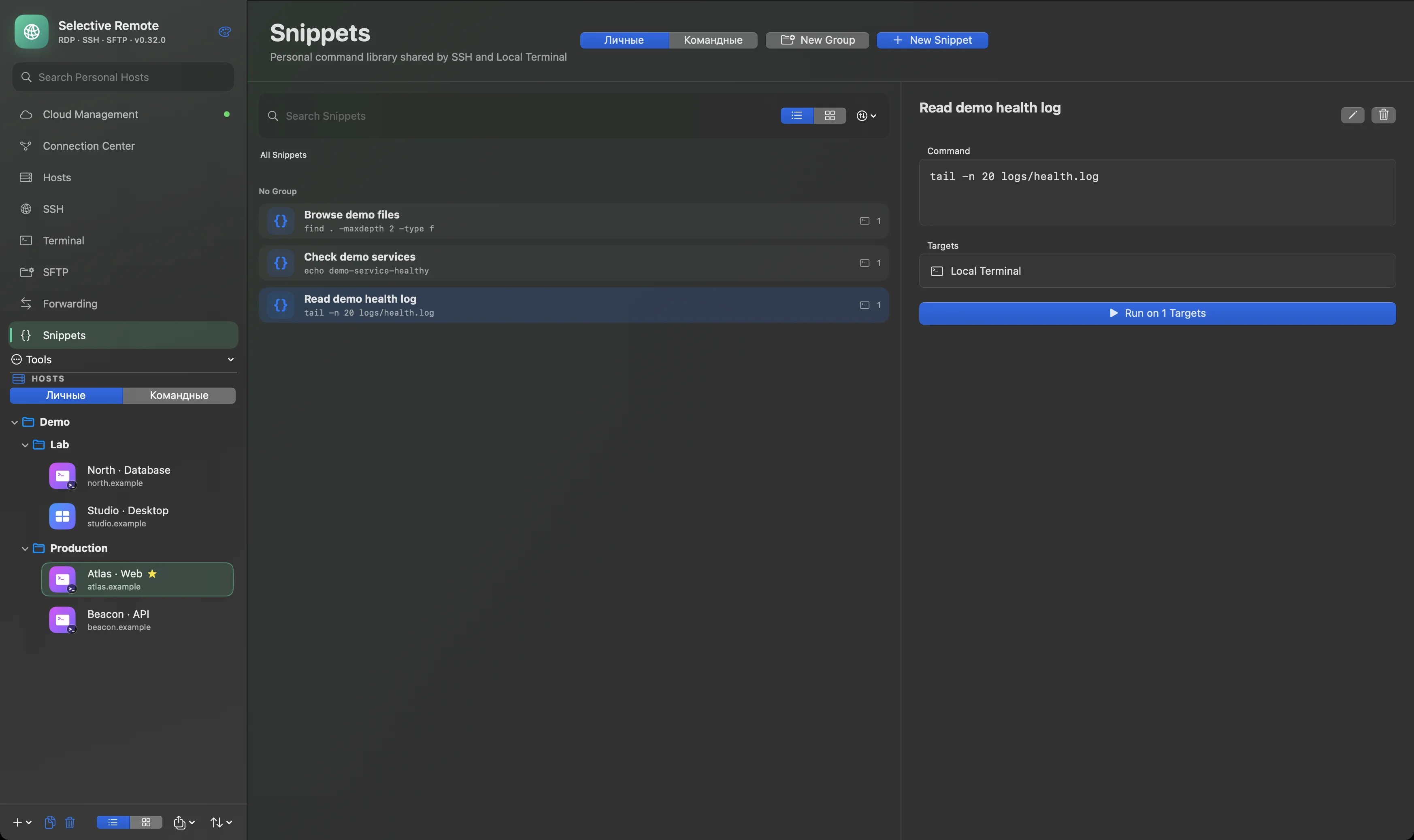 Selective Remote 0.32 Snippets library with three synthetic demo commands